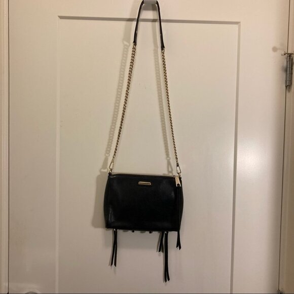 REBECCA MINKOFF Crossbody Leather Chain Accent Multiple Zippers Fringe Purse Bag - Picture 10 of 11